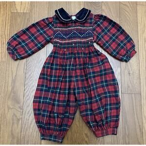 Vintage Lord & Taylor Small Creations Romper Holiday Red Plaid Girls Baby 9 mos